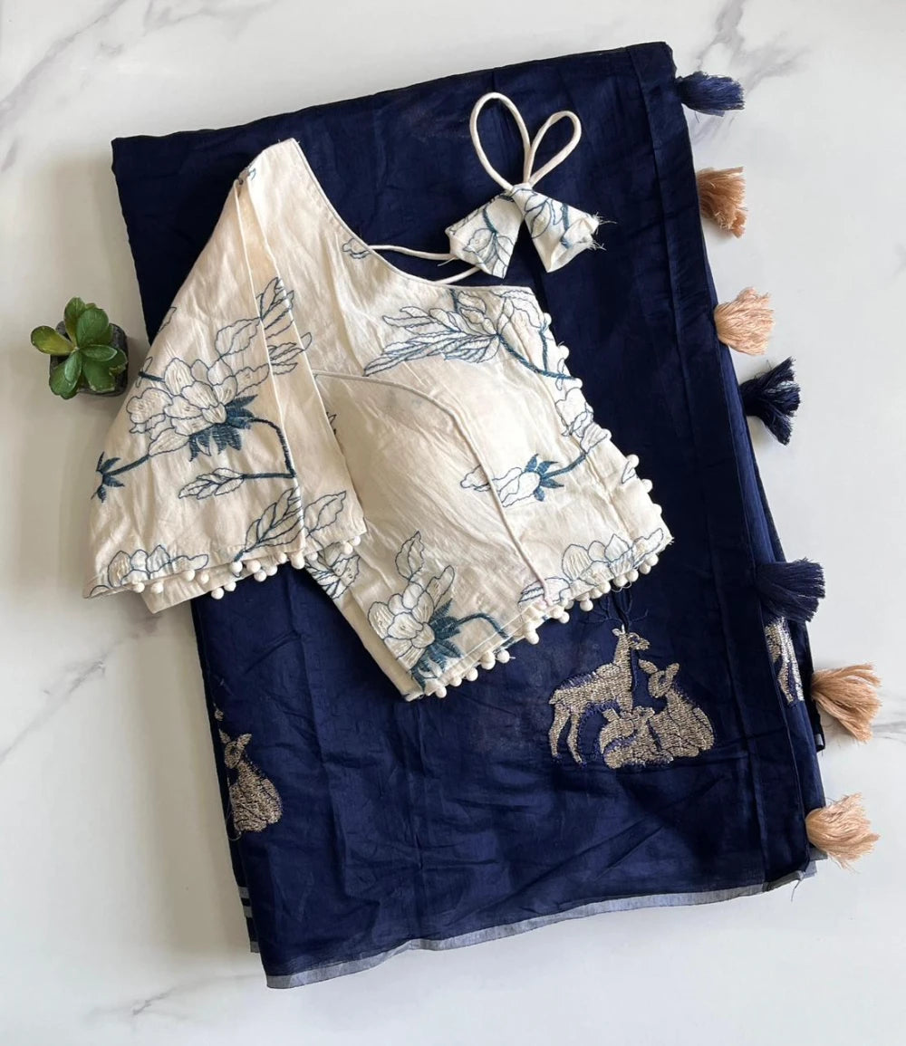 Premium Chanderi Saree with All-Over Deer Motif & Cotton Tassels – Paired with Pure Khadi Stitched Embroidered Blouse (Free Size)