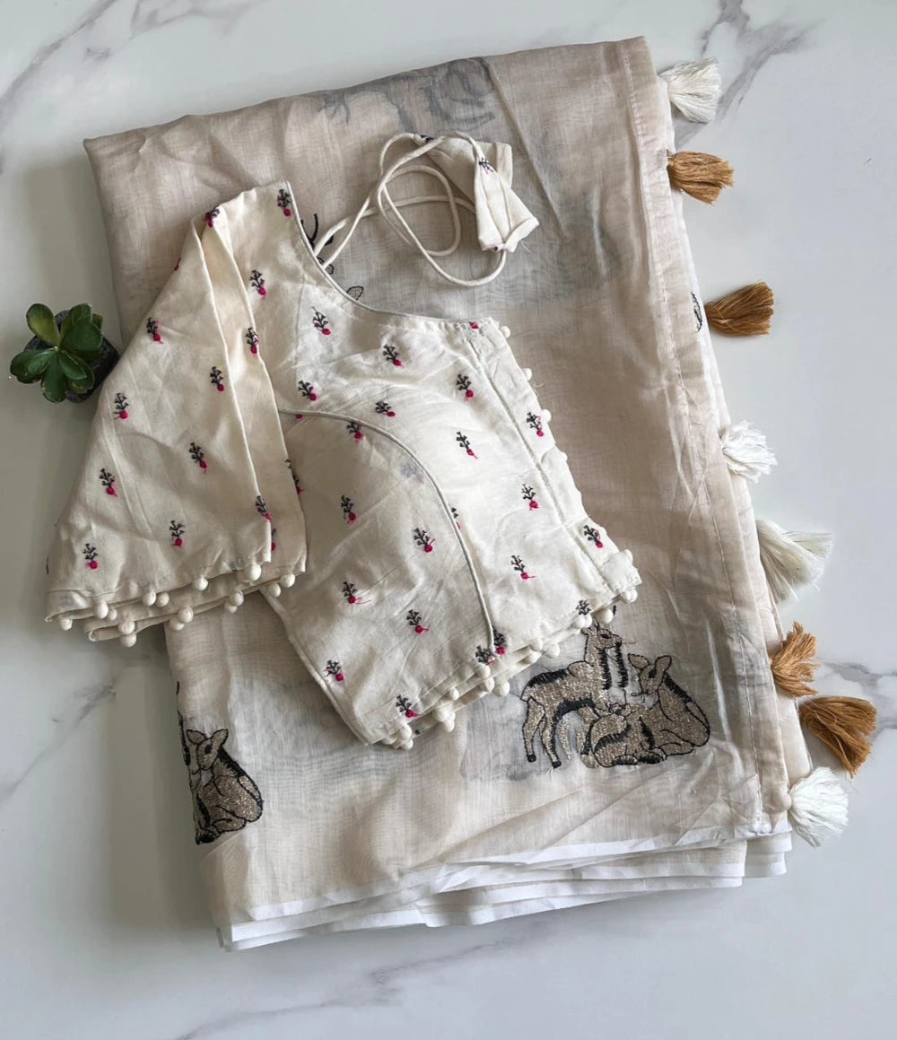Premium Chanderi Saree with All-Over Deer Motif & Cotton Tassels – Paired with Pure Khadi Stitched Embroidered Blouse (Free Size)