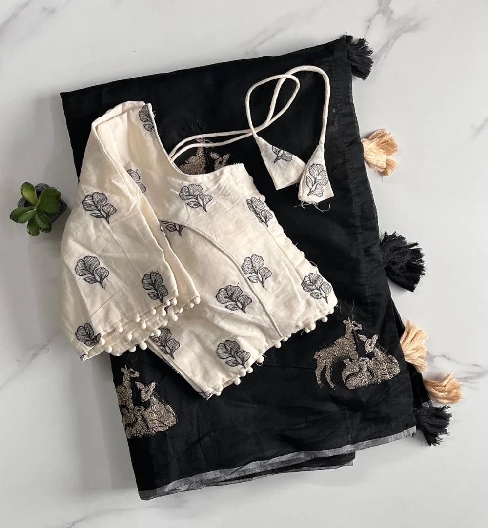 Premium Chanderi Saree with All-Over Deer Motif & Cotton Tassels – Paired with Pure Khadi Stitched Embroidered Blouse (Free Size)