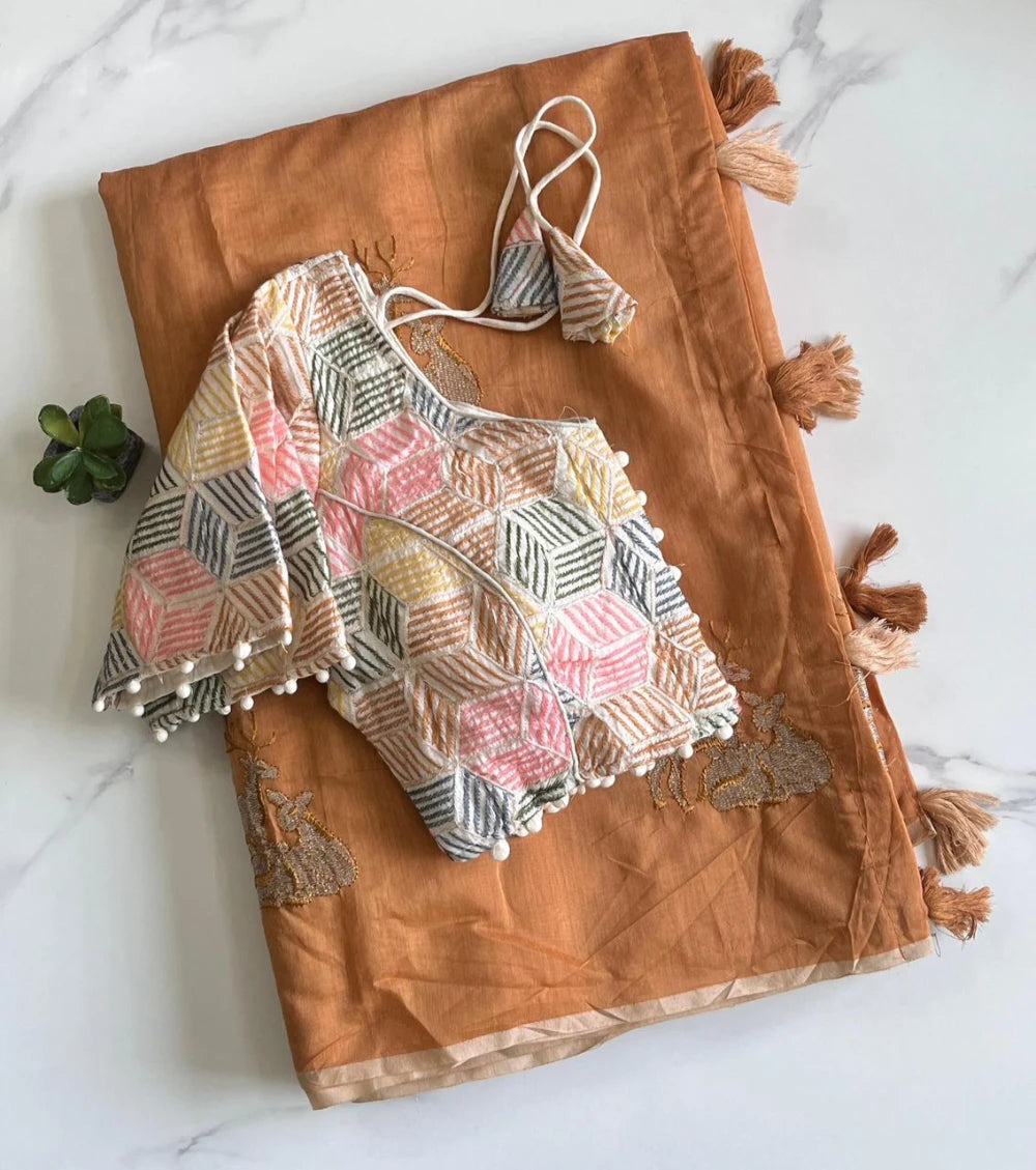 Premium Chanderi Saree with All-Over Deer Motif & Cotton Tassels – Paired with Pure Khadi Stitched Embroidered Blouse (Free Size)