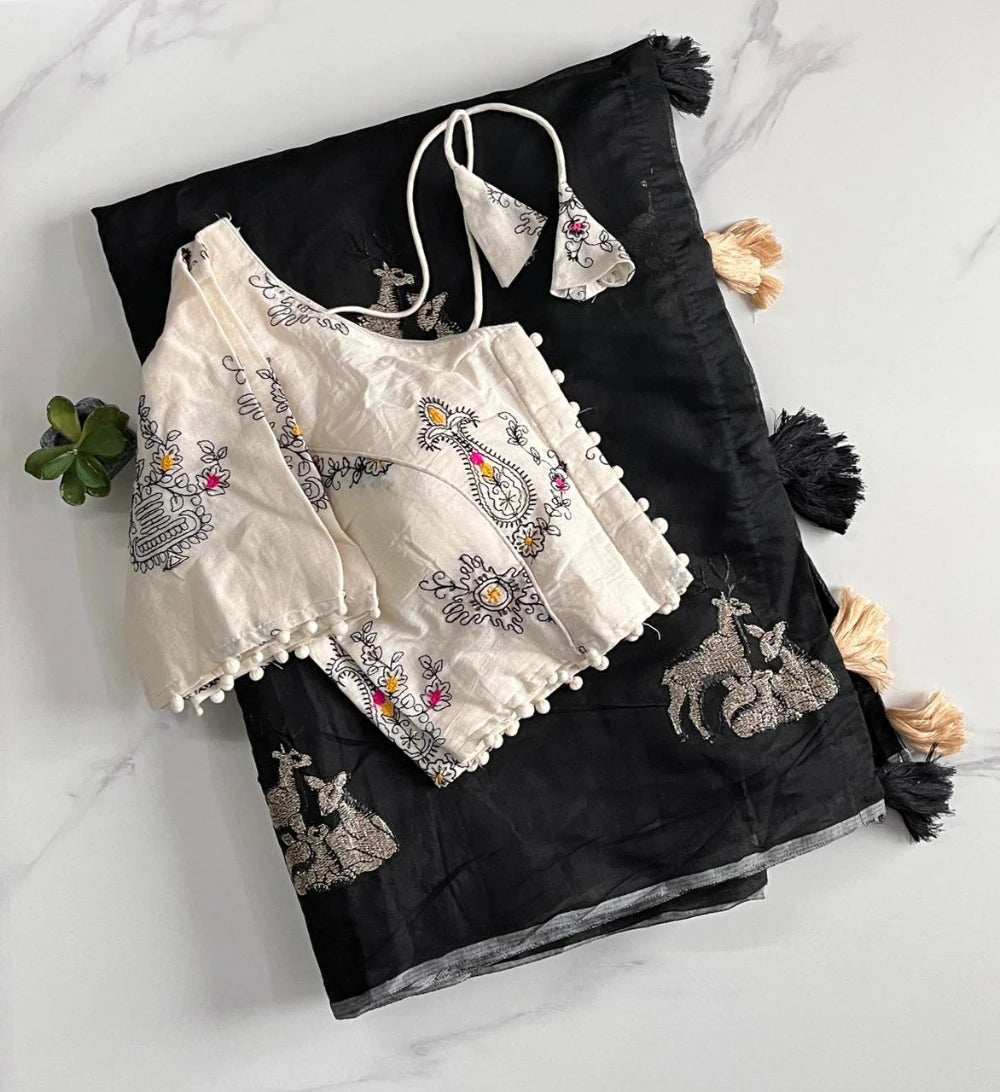 Premium Chanderi Saree with All-Over Deer Motif & Cotton Tassels – Paired with Pure Khadi Stitched Embroidered Blouse (Free Size)