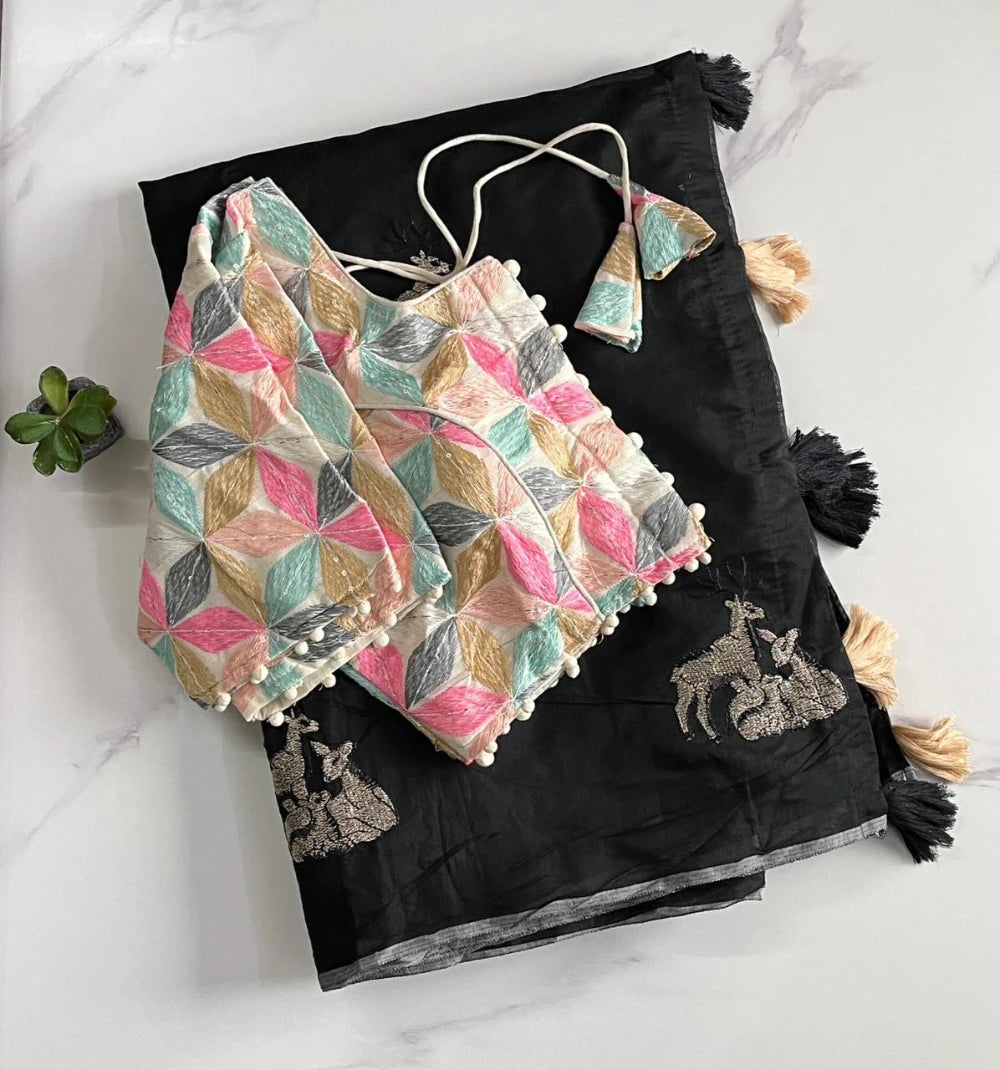 Premium Chanderi Saree with All-Over Deer Motif & Cotton Tassels – Paired with Pure Khadi Stitched Embroidered Blouse (Free Size)