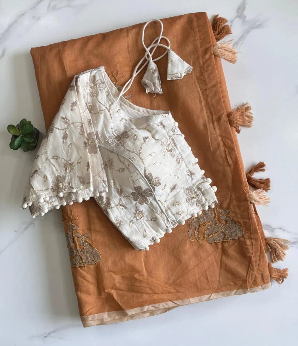 Premium Chanderi Saree with All-Over Deer Motif & Cotton Tassels – Paired with Pure Khadi Stitched Embroidered Blouse (Free Size)