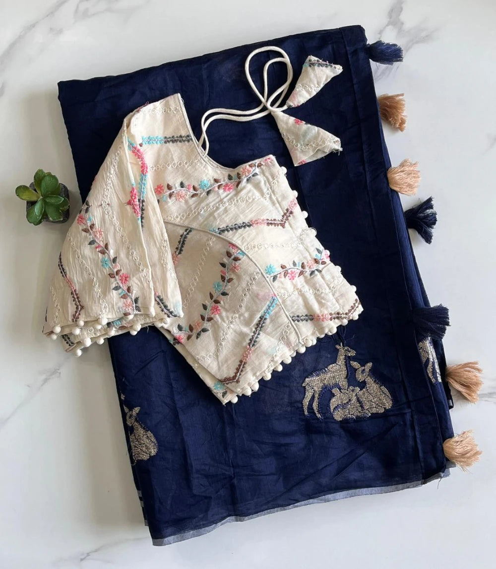 Premium Chanderi Saree with All-Over Deer Motif & Cotton Tassels – Paired with Pure Khadi Stitched Embroidered Blouse (Free Size)