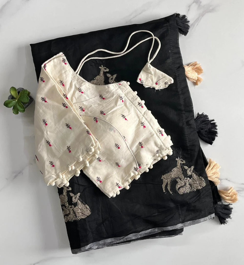 Premium Chanderi Saree with All-Over Deer Motif & Cotton Tassels – Paired with Pure Khadi Stitched Embroidered Blouse (Free Size)