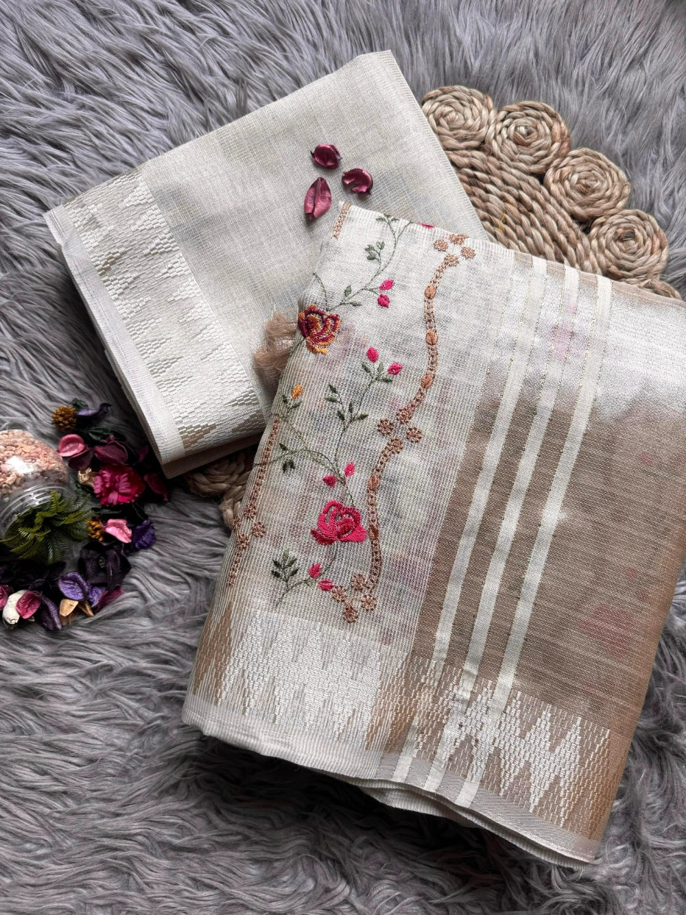 Premium Soft Banarsi Tissue Silk Saree with Multicolor Magic Thread Work & Tassels – Running Banarsi Tissue Silk Blouse Included