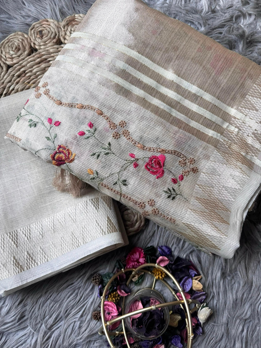 Premium Soft Banarsi Tissue Silk Saree with Multicolor Magic Thread Work & Tassels – Running Banarsi Tissue Silk Blouse Included