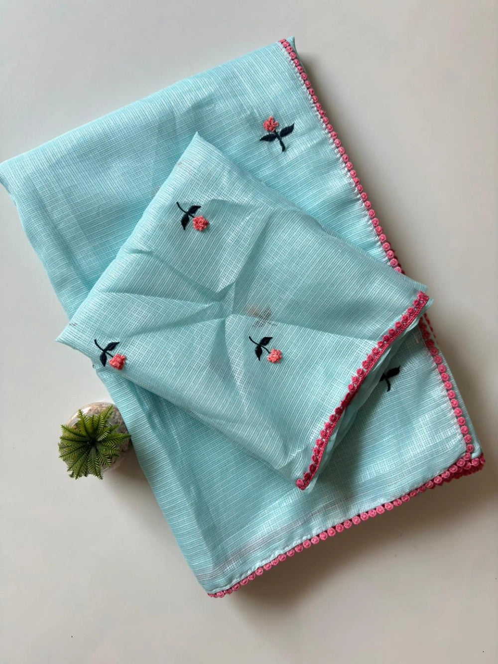 Premium Kota Doriya Saree with Knot Handwork & Four-Side GPO Lace Border – Running Unstitched Blouse with Knot Detailing