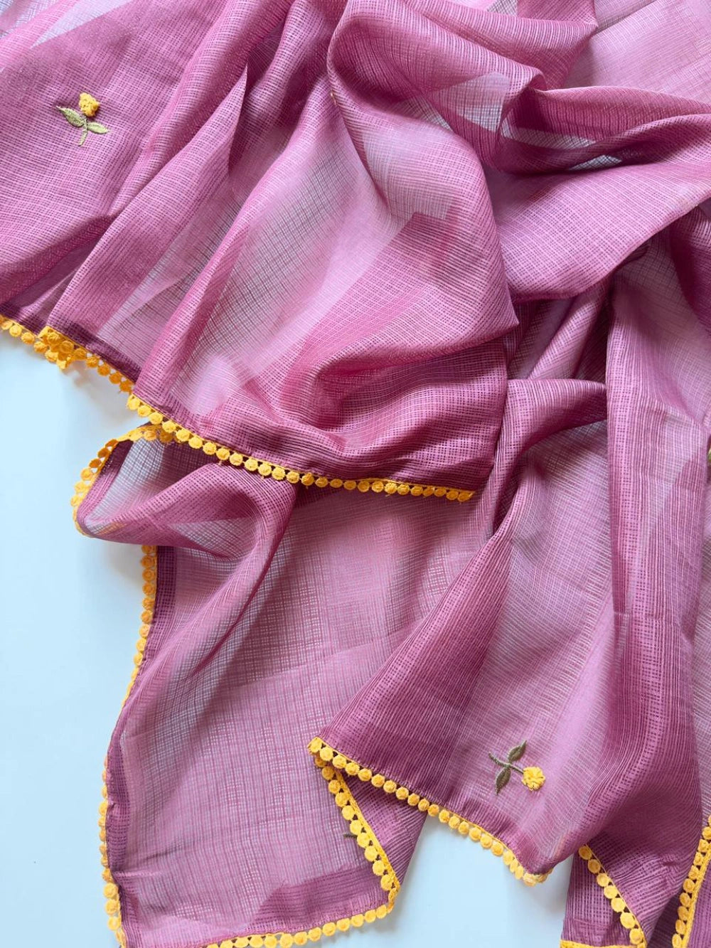 Premium Kota Doriya Saree with Knot Handwork & Four-Side GPO Lace Border – Running Unstitched Blouse with Knot Detailing