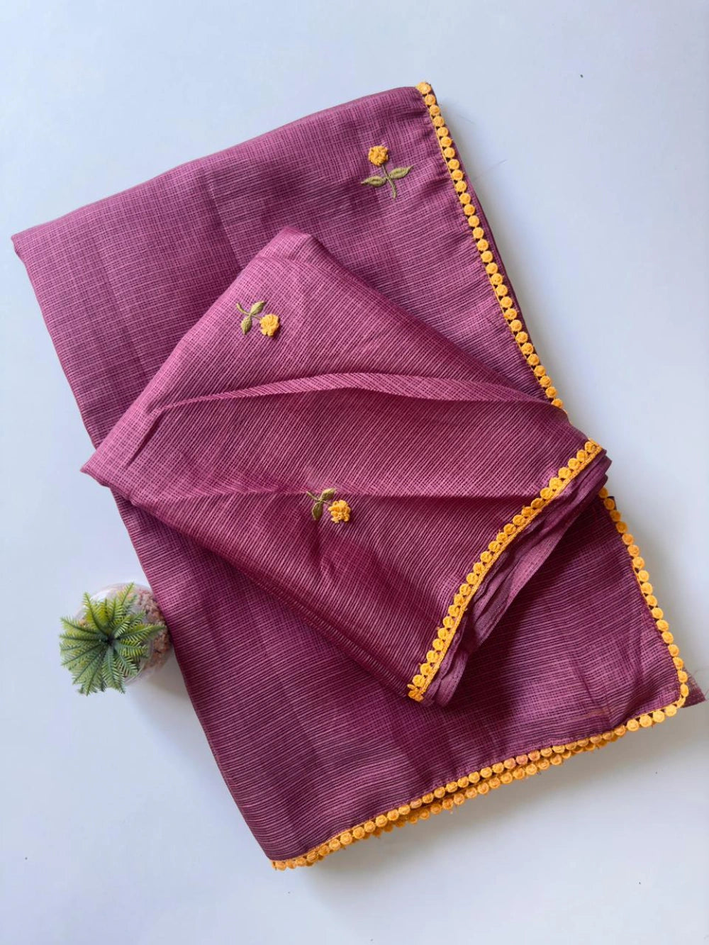 Premium Kota Doriya Saree with Knot Handwork & Four-Side GPO Lace Border – Running Unstitched Blouse with Knot Detailing