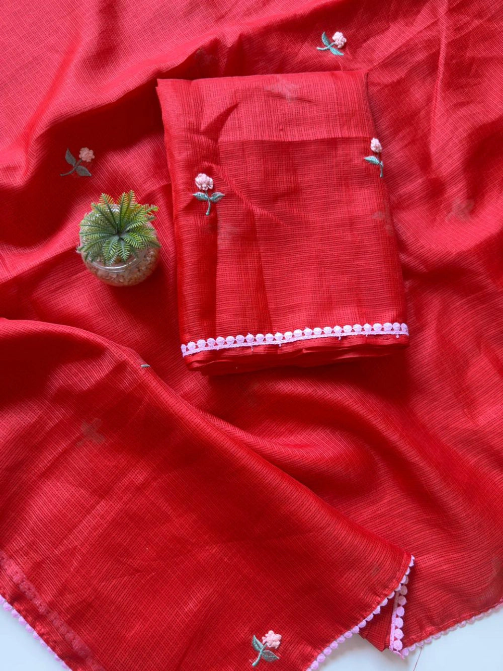 Premium Kota Doriya Saree with Knot Handwork & Four-Side GPO Lace Border – Running Unstitched Blouse with Knot Detailing