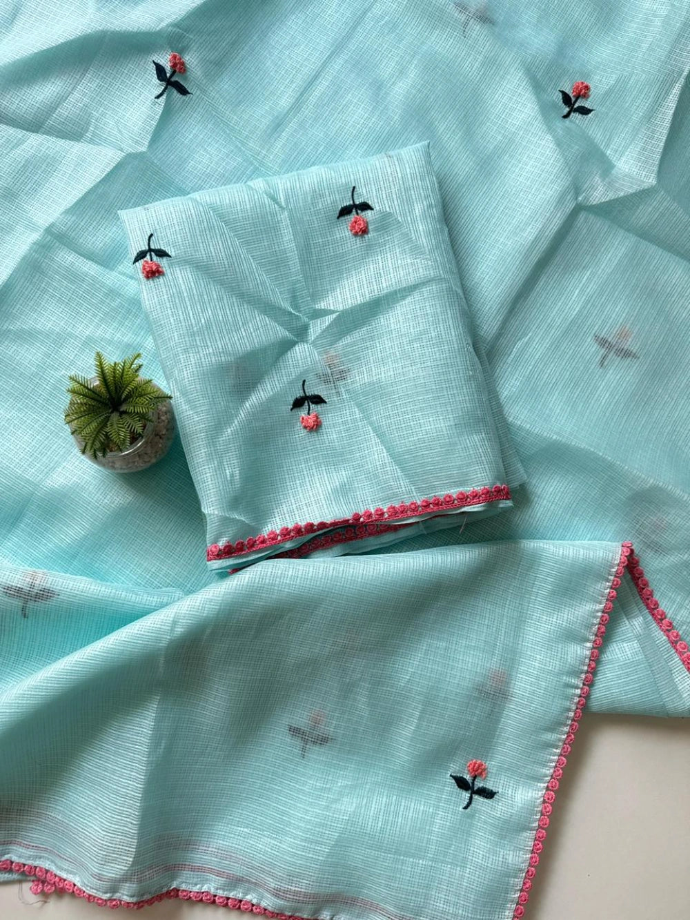 Premium Kota Doriya Saree with Knot Handwork & Four-Side GPO Lace Border – Running Unstitched Blouse with Knot Detailing