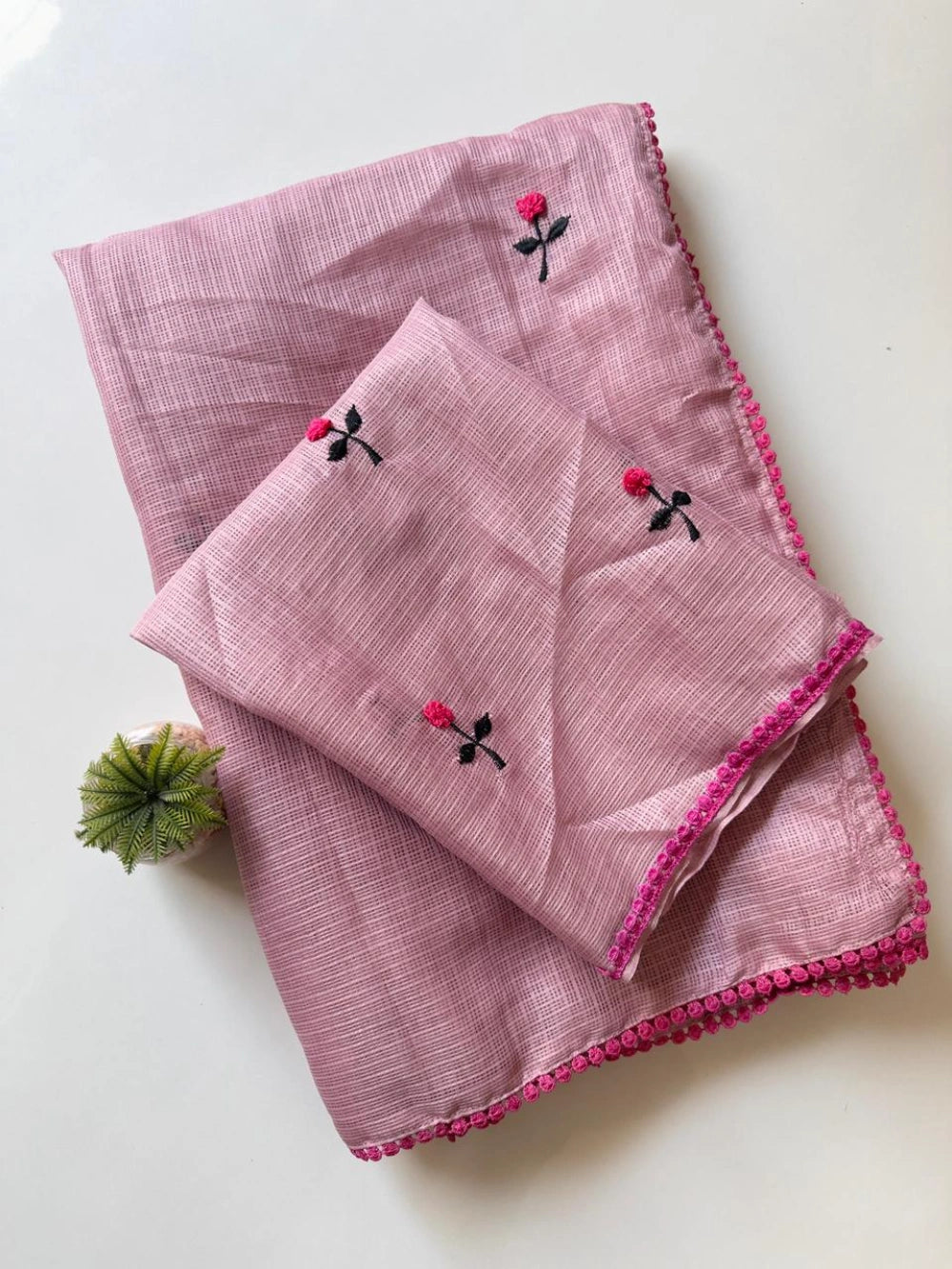 Premium Kota Doriya Saree with Knot Handwork & Four-Side GPO Lace Border – Running Unstitched Blouse with Knot Detailing