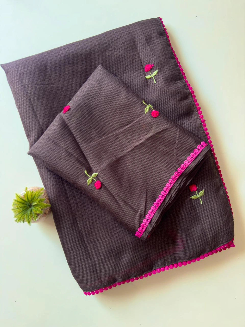Premium Kota Doriya Saree with Knot Handwork & Four-Side GPO Lace Border – Running Unstitched Blouse with Knot Detailing