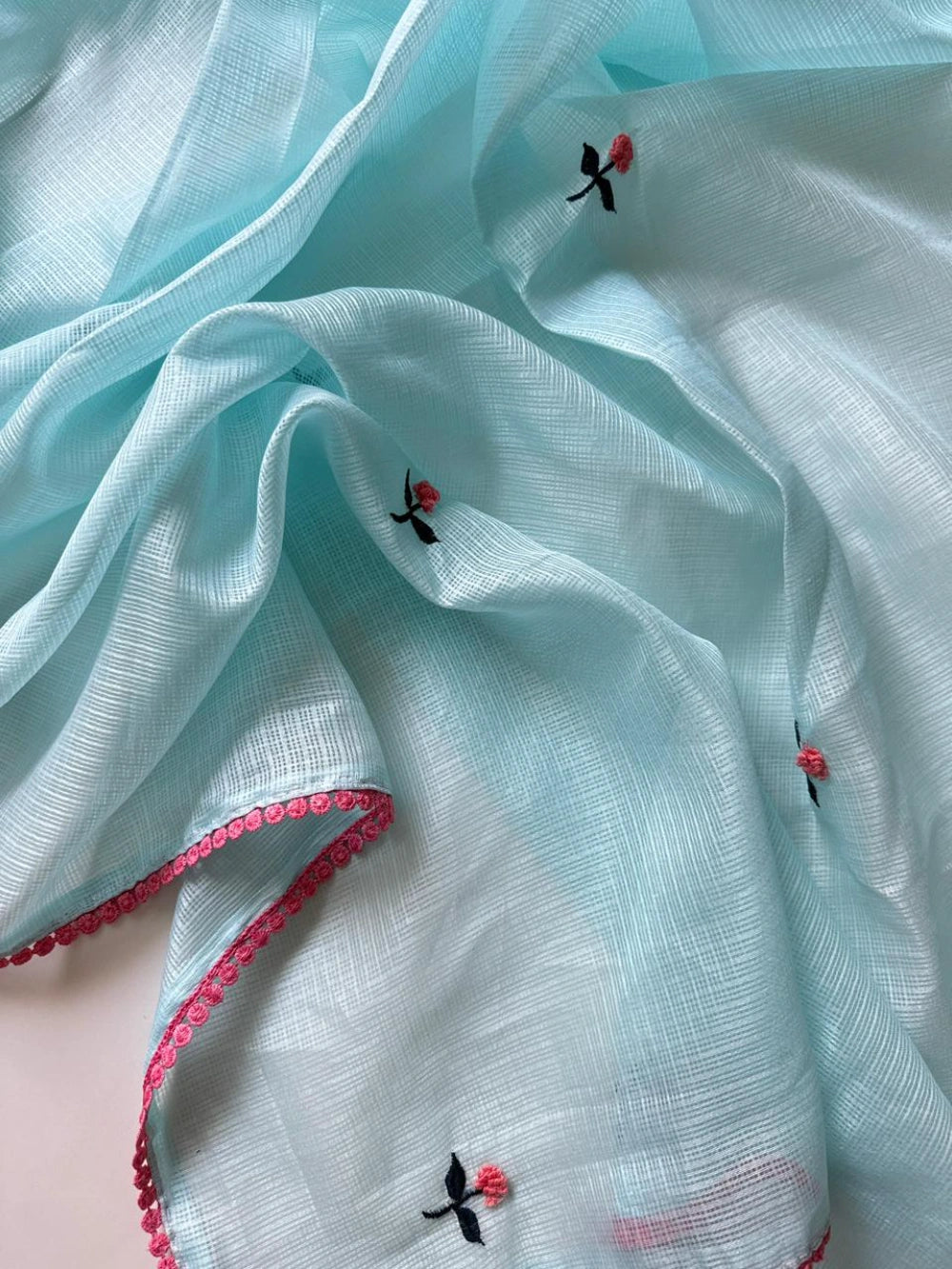 Premium Kota Doriya Saree with Knot Handwork & Four-Side GPO Lace Border – Running Unstitched Blouse with Knot Detailing