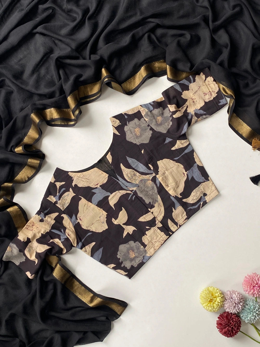 Pure Mul Cotton Saree in Black and Golden with Jacquard Border & Tassel Pallu