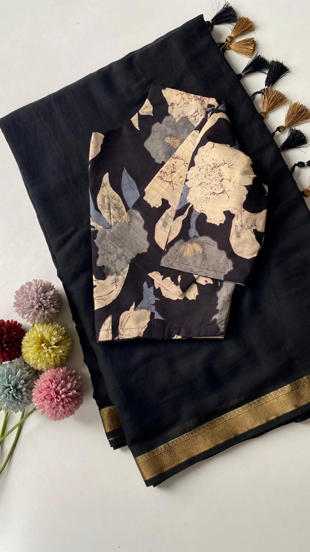 Pure Mul Cotton Saree in Black and Golden with Jacquard Border & Tassel Pallu