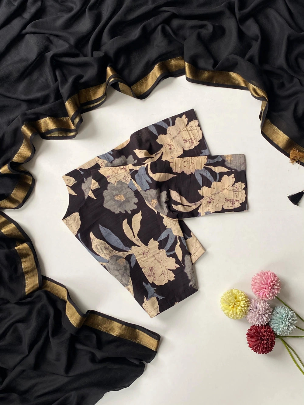 Pure Mul Cotton Saree in Black and Golden with Jacquard Border & Tassel Pallu