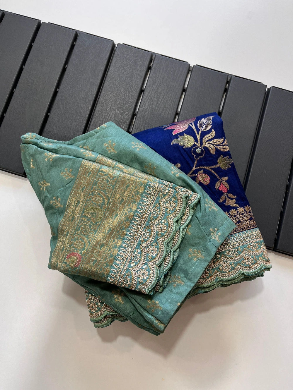 Pure Banarasi Pattu Saree with All-Over Floral Weaving, Scalloped Embroidery Border & Contrast Stitched Blouse