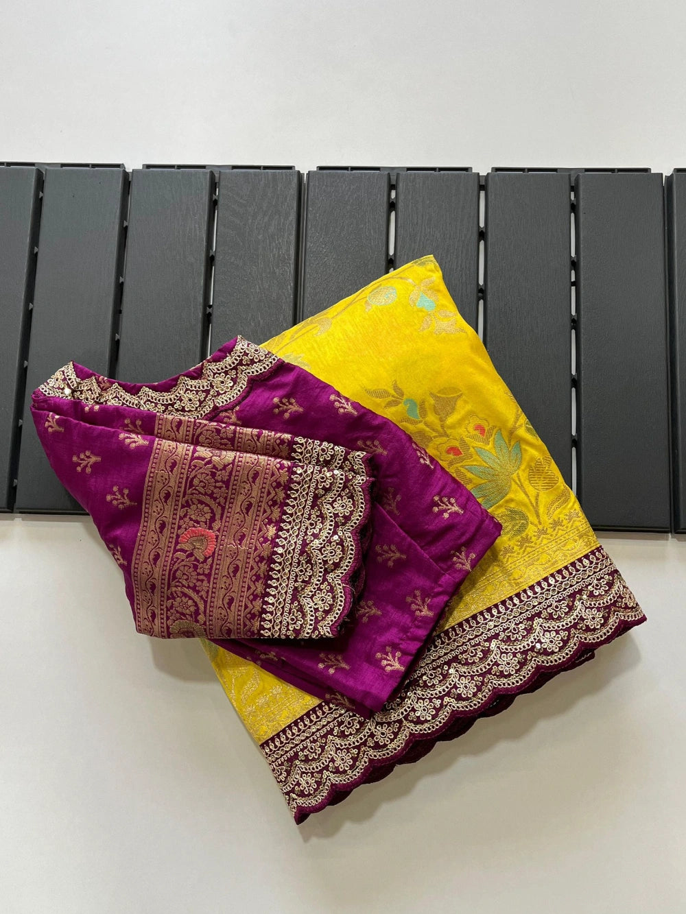 Pure Banarasi Pattu Saree with All-Over Floral Weaving, Scalloped Embroidery Border & Contrast Stitched Blouse