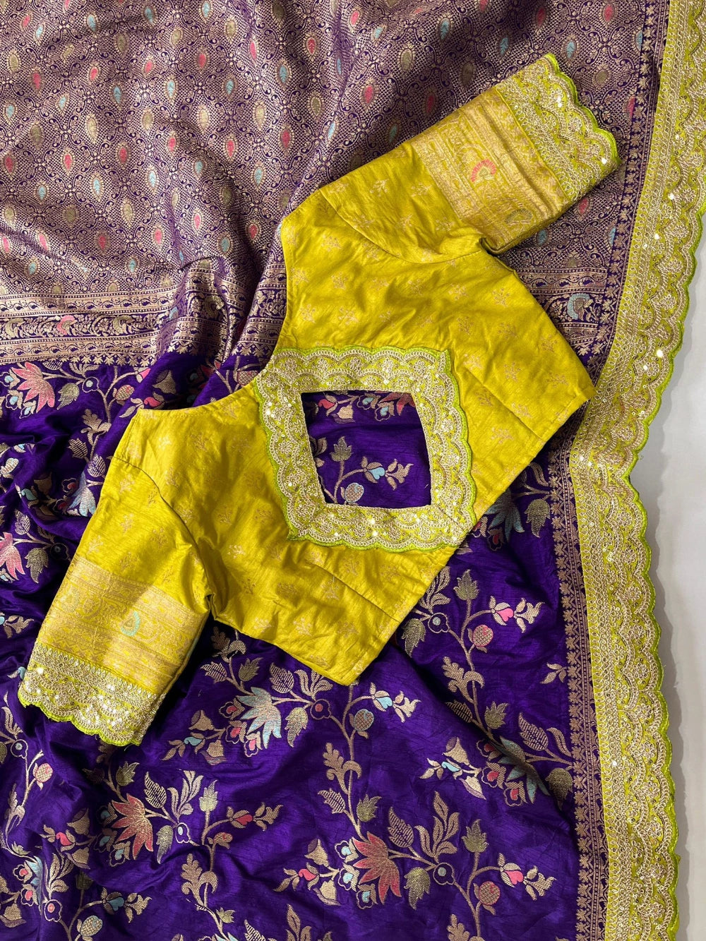 Pure Banarasi Pattu Saree with All-Over Floral Weaving, Scalloped Embroidery Border & Contrast Stitched Blouse