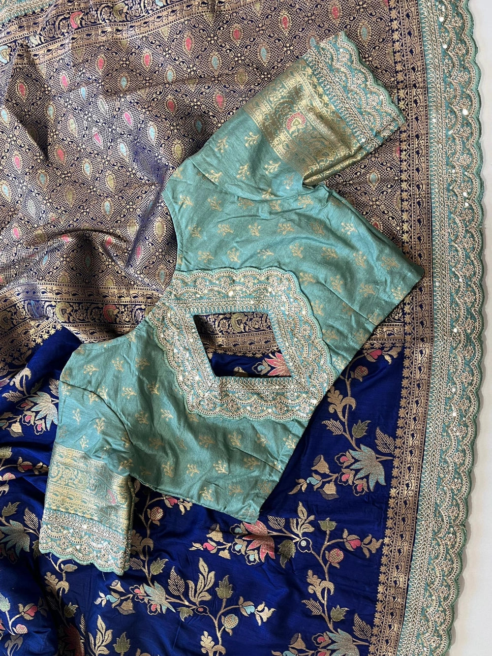 Pure Banarasi Pattu Saree with All-Over Floral Weaving, Scalloped Embroidery Border & Contrast Stitched Blouse