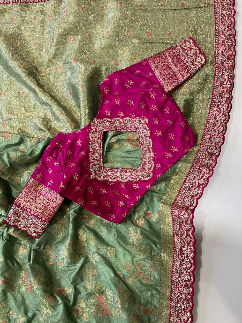 Pure Banarasi Pattu Saree with All-Over Floral Weaving, Scalloped Embroidery Border & Contrast Stitched Blouse
