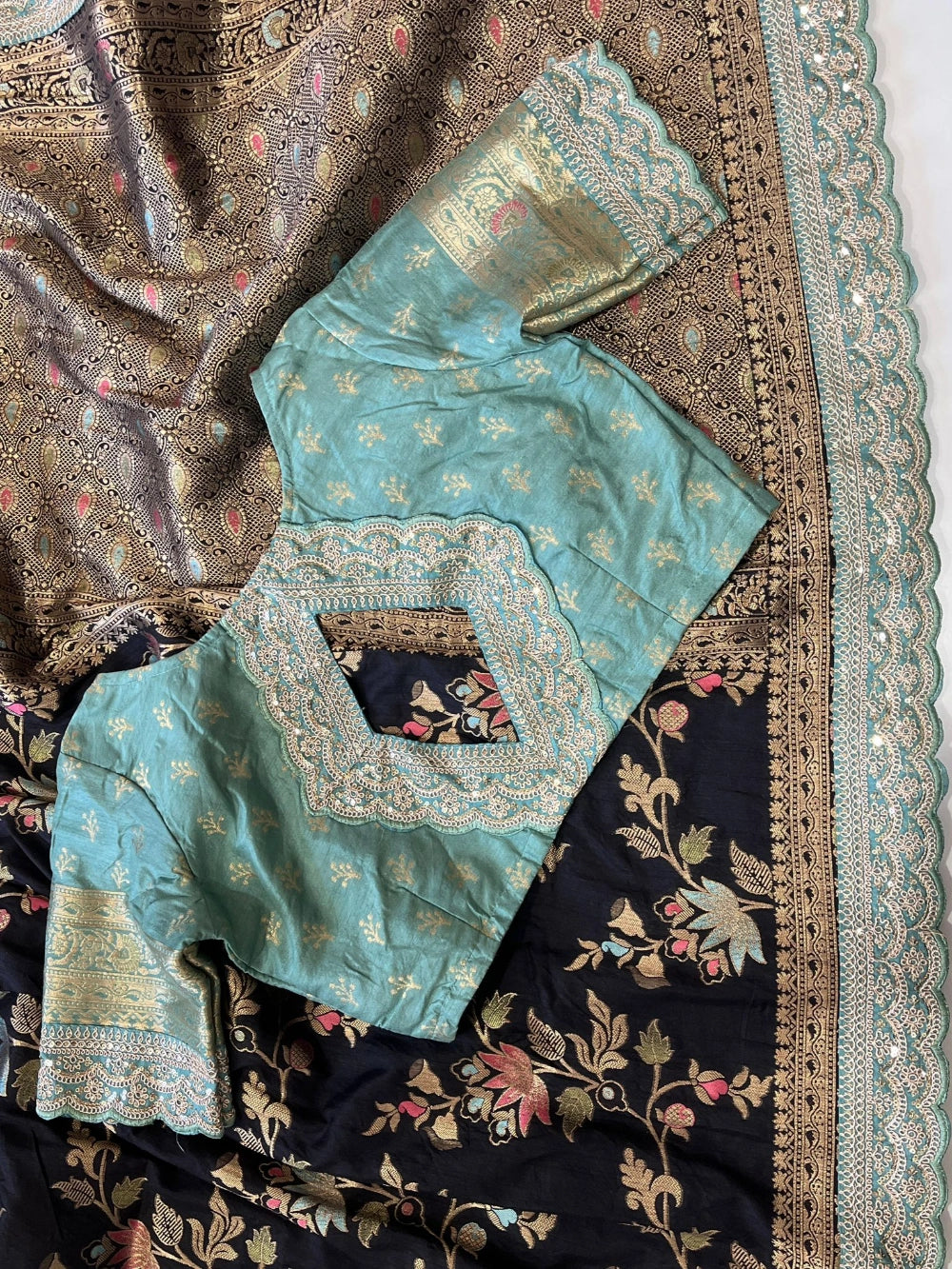 Pure Banarasi Pattu Saree with All-Over Floral Weaving, Scalloped Embroidery Border & Contrast Stitched Blouse