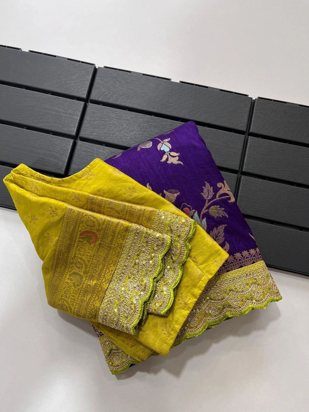 Pure Banarasi Pattu Saree with All-Over Floral Weaving, Scalloped Embroidery Border & Contrast Stitched Blouse