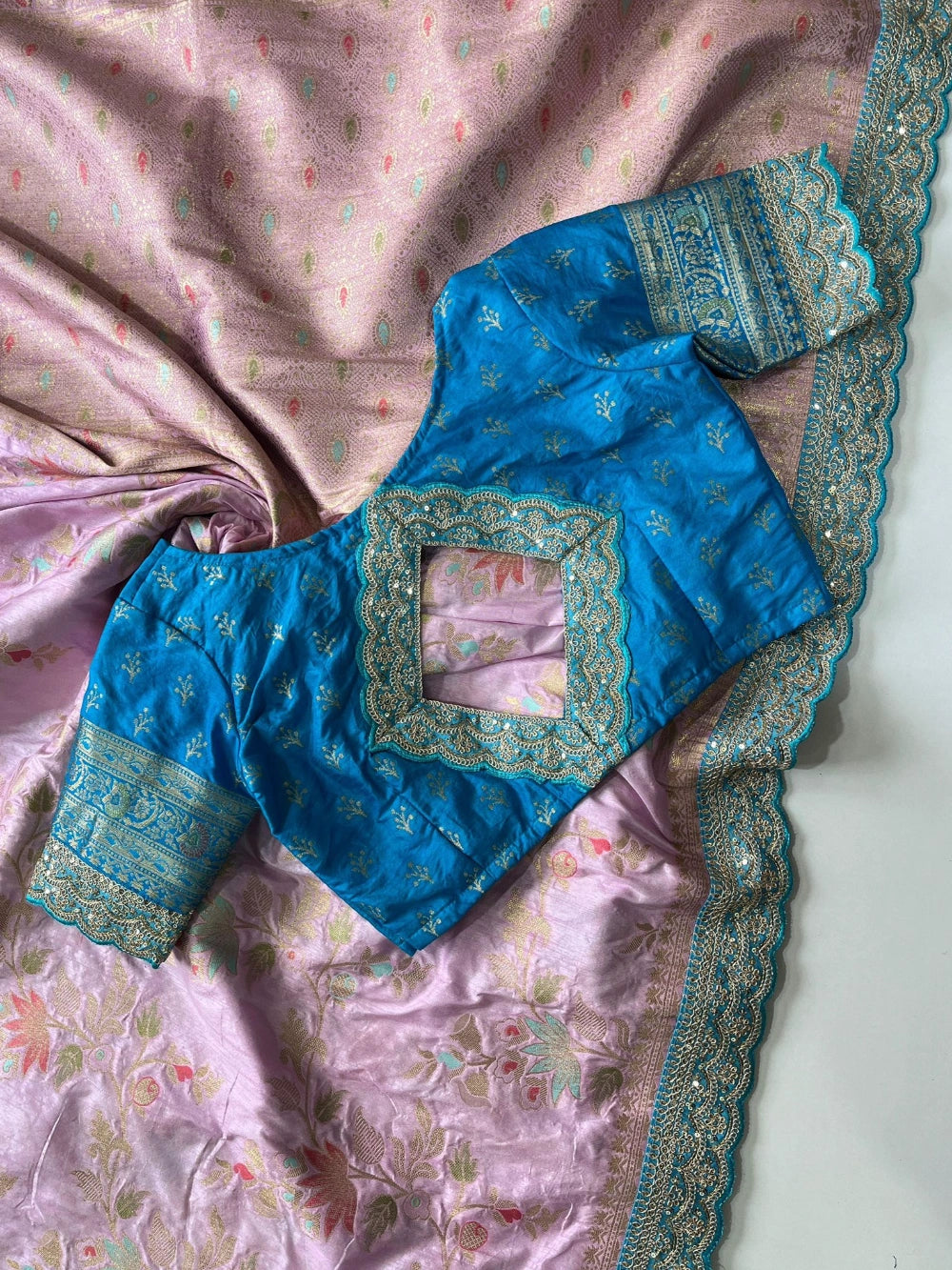 Pure Banarasi Pattu Saree with All-Over Floral Weaving, Scalloped Embroidery Border & Contrast Stitched Blouse