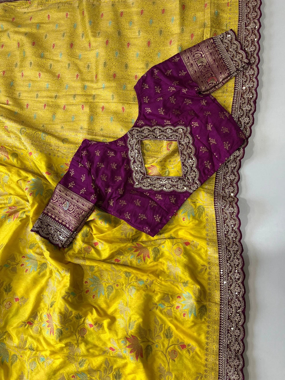Pure Banarasi Pattu Saree with All-Over Floral Weaving, Scalloped Embroidery Border & Contrast Stitched Blouse