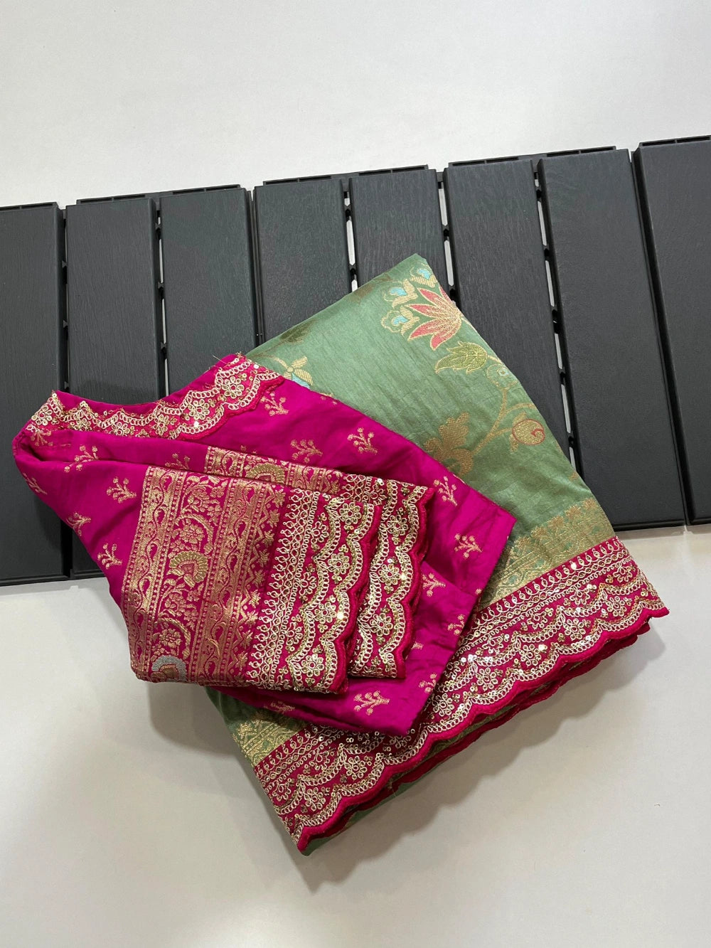 Pure Banarasi Pattu Saree with All-Over Floral Weaving, Scalloped Embroidery Border & Contrast Stitched Blouse