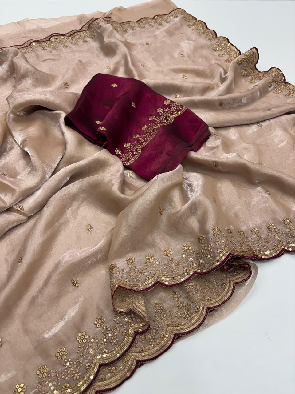 Fendy Satin Sequin Work Saree with Contrast Running Blouse – Premium Designer Collection