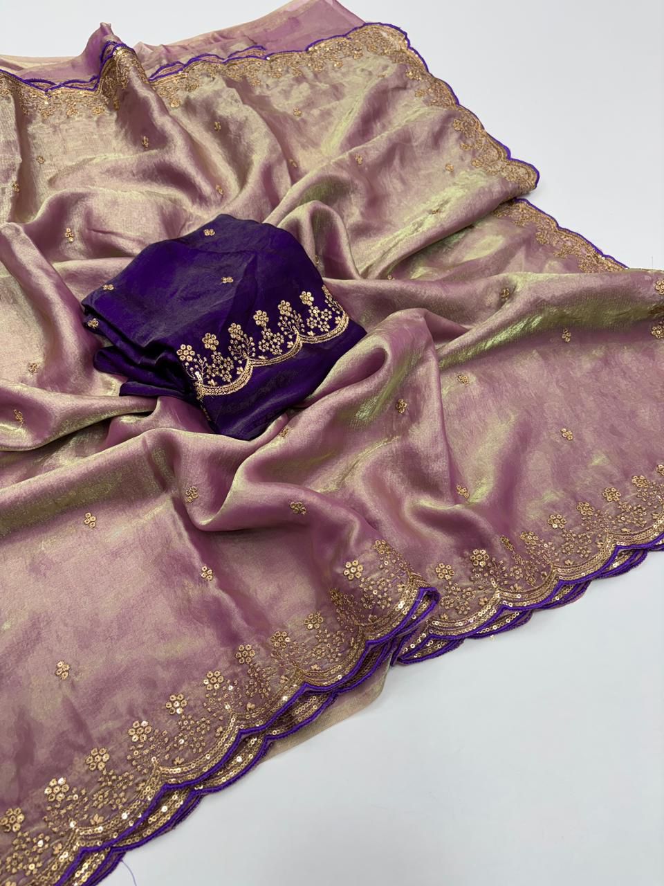 Fendy Satin Sequin Work Saree with Contrast Running Blouse – Premium Designer Collection