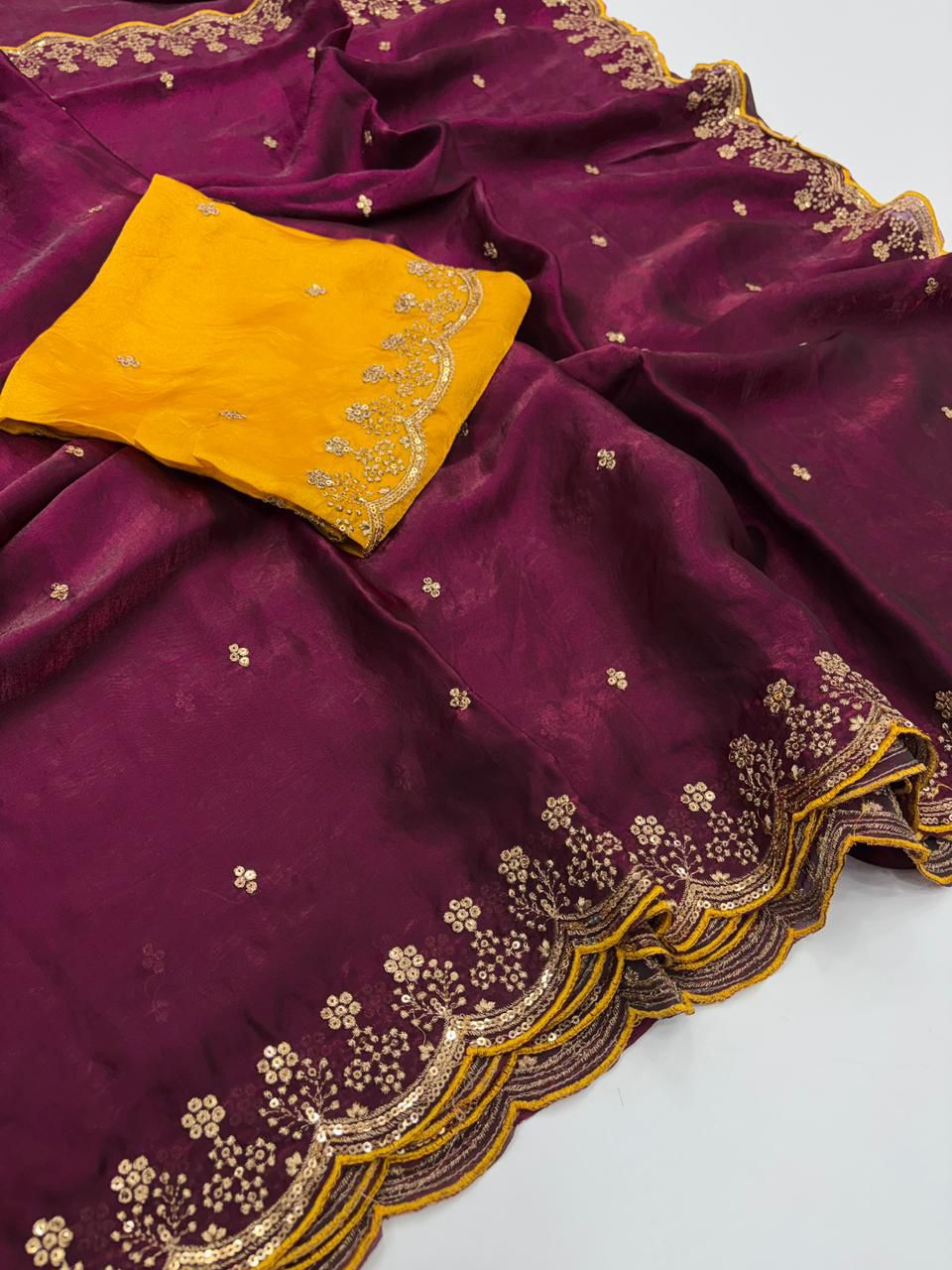 Fendy Satin Sequin Work Saree with Contrast Running Blouse – Premium Designer Collection