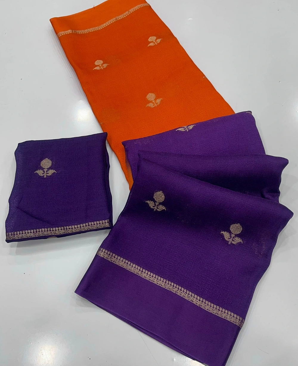Pure Viscose Khadi Silk Saree with Jacquard Leaf Design & Satin Border – Running Blouse Included