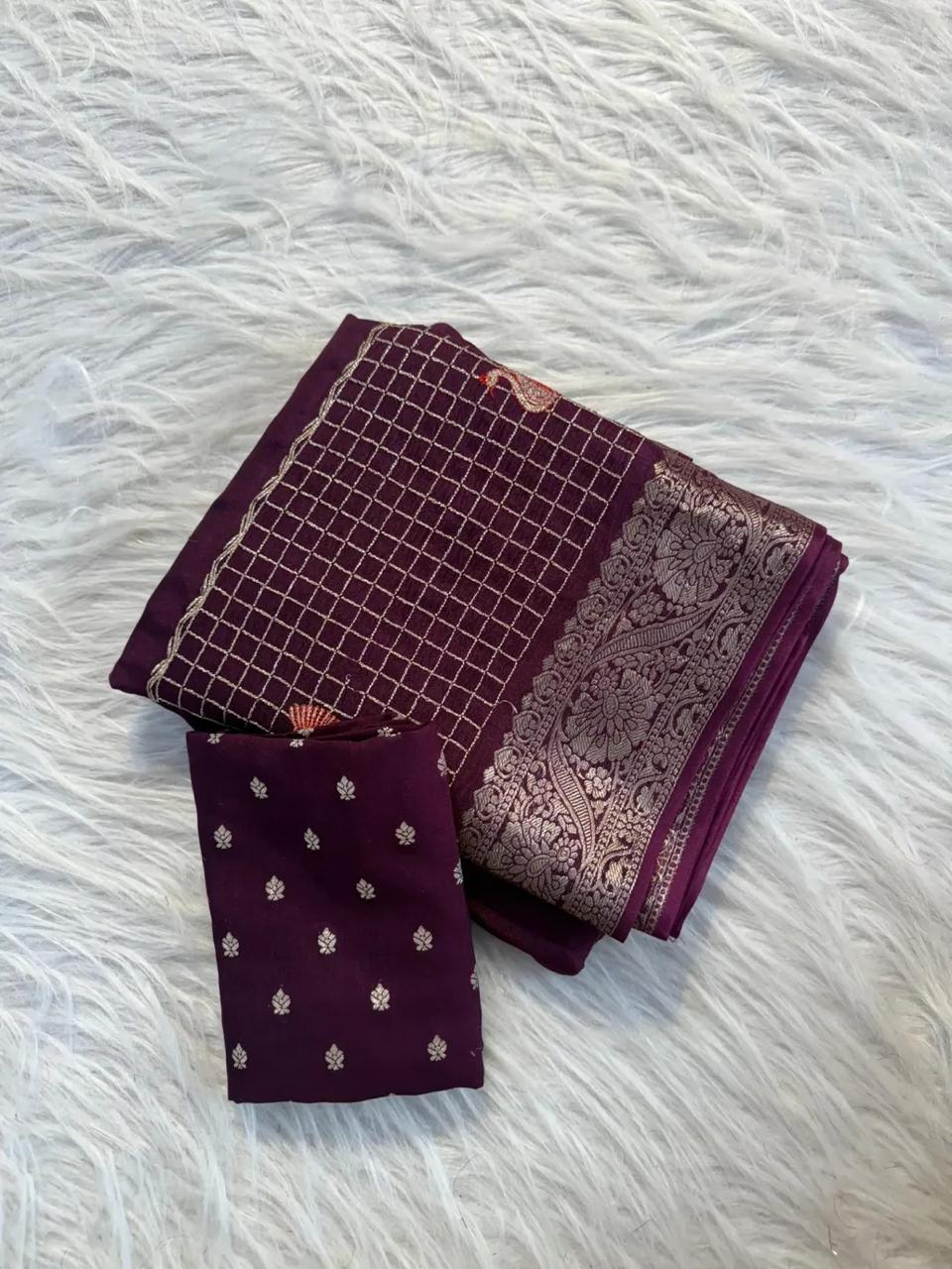 Pure Viscose Crape Silk Saree with Zari Peacock Motifs & Chex Weave – Viscose Butti Blouse Included