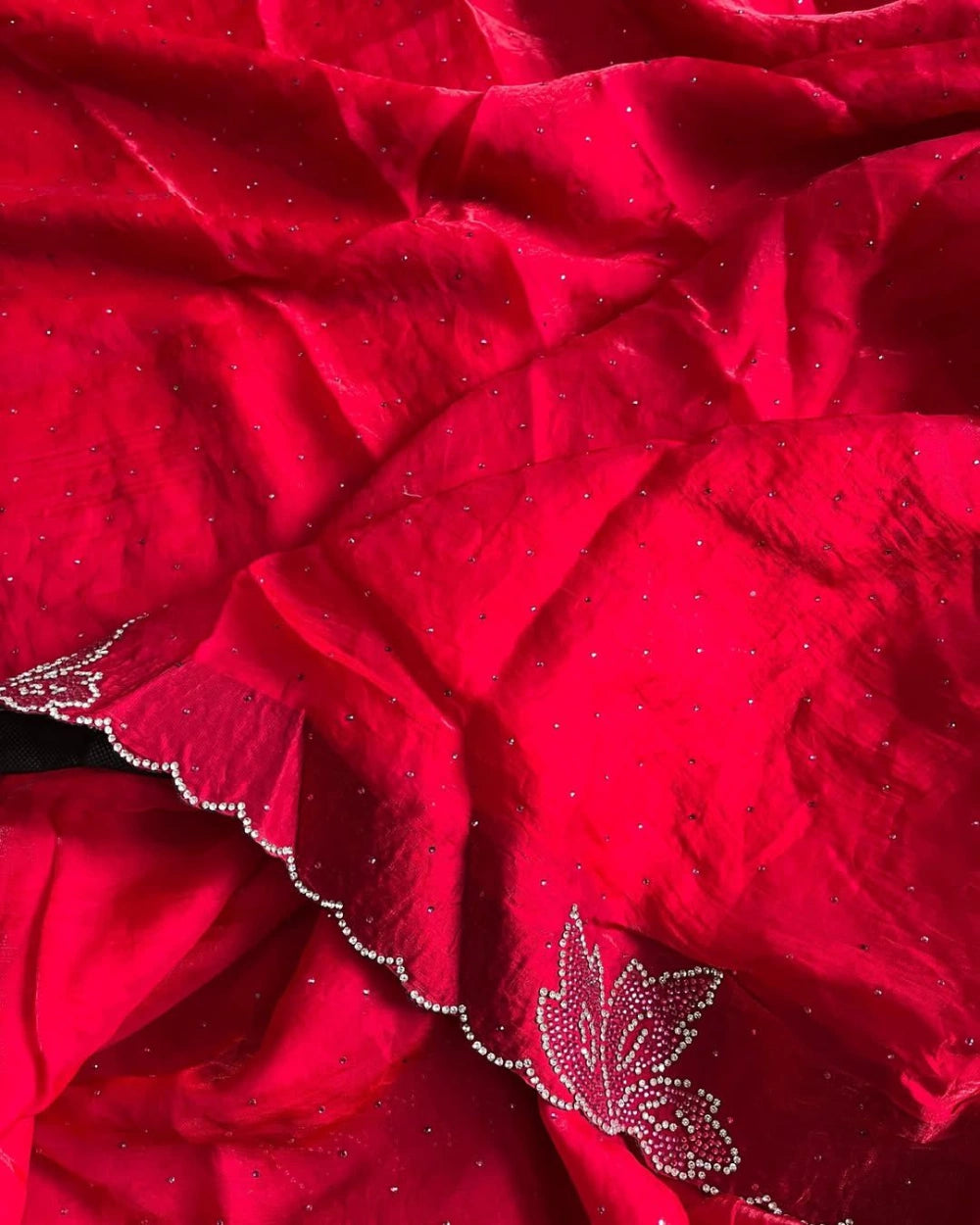 Lotus Swarovski Diamond Work Blooming Red Georgette Saree with Dual-Tone Diamond Embellishments & Matching Blouse