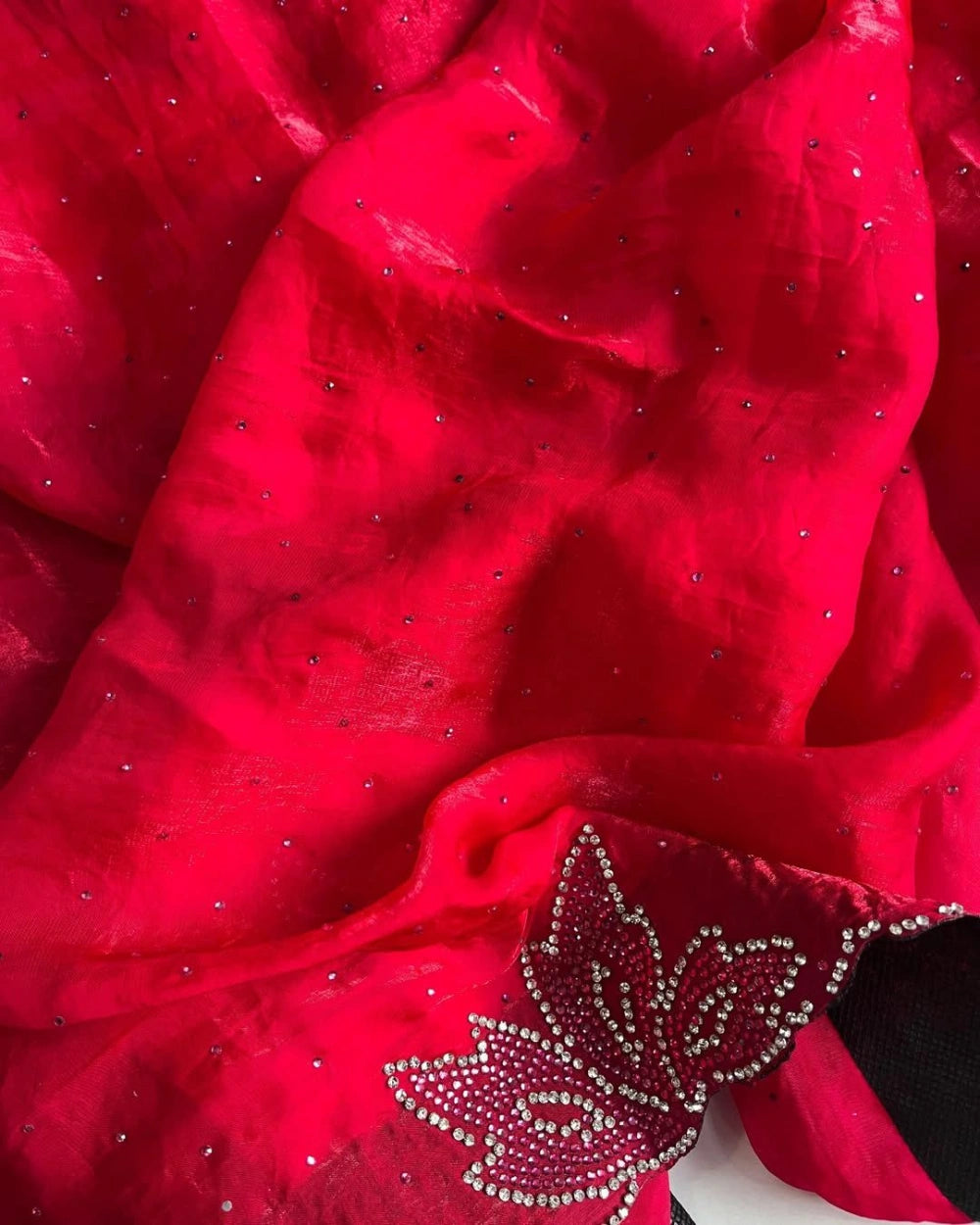 Lotus Swarovski Diamond Work Blooming Red Georgette Saree with Dual-Tone Diamond Embellishments & Matching Blouse