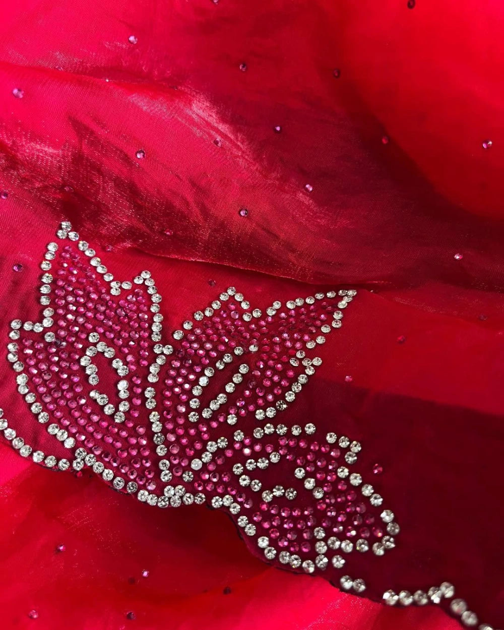 Lotus Swarovski Diamond Work Blooming Red Georgette Saree with Dual-Tone Diamond Embellishments & Matching Blouse
