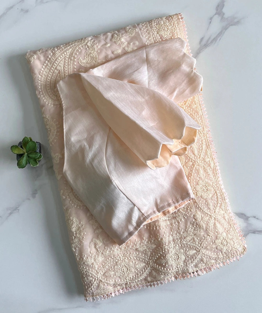 Pure Fox Georgette Saree with All-Over Chikankari Work & Lace Border – Bangalori Silk Blouse Included (Stitched Option Available)