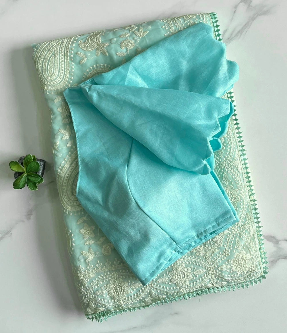 Pure Fox Georgette Saree with All-Over Chikankari Work & Lace Border – Bangalori Silk Blouse Included (Stitched Option Available)