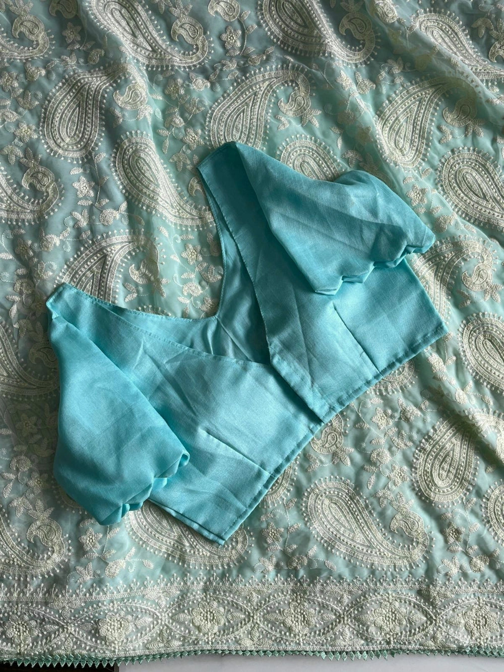 Pure Fox Georgette Saree with All-Over Chikankari Work & Lace Border – Bangalori Silk Blouse Included (Stitched Option Available)