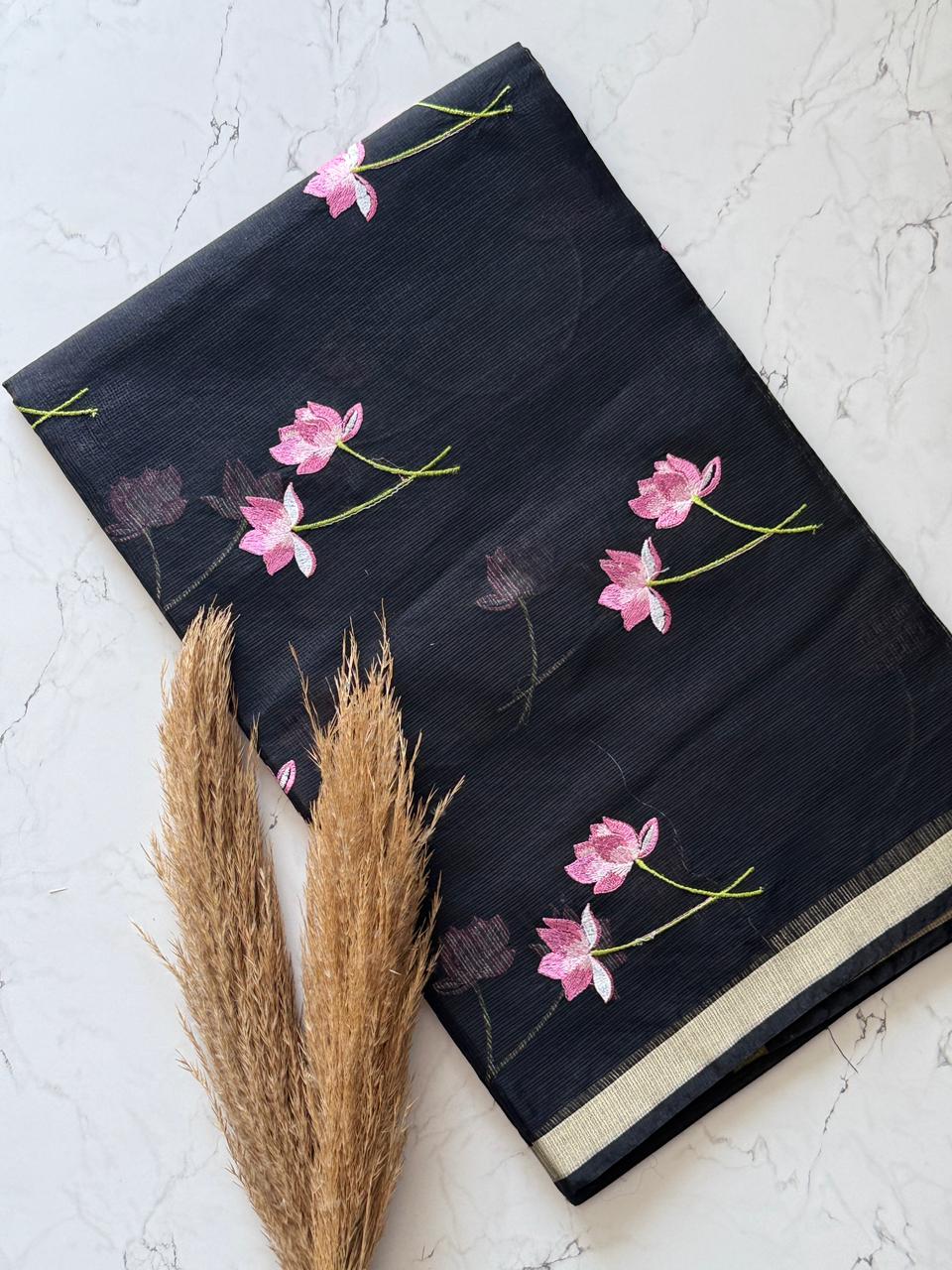 Premium Pure Kota Doriya Silk Saree with Multithread Lotus Work – Matching Running Blouse Included