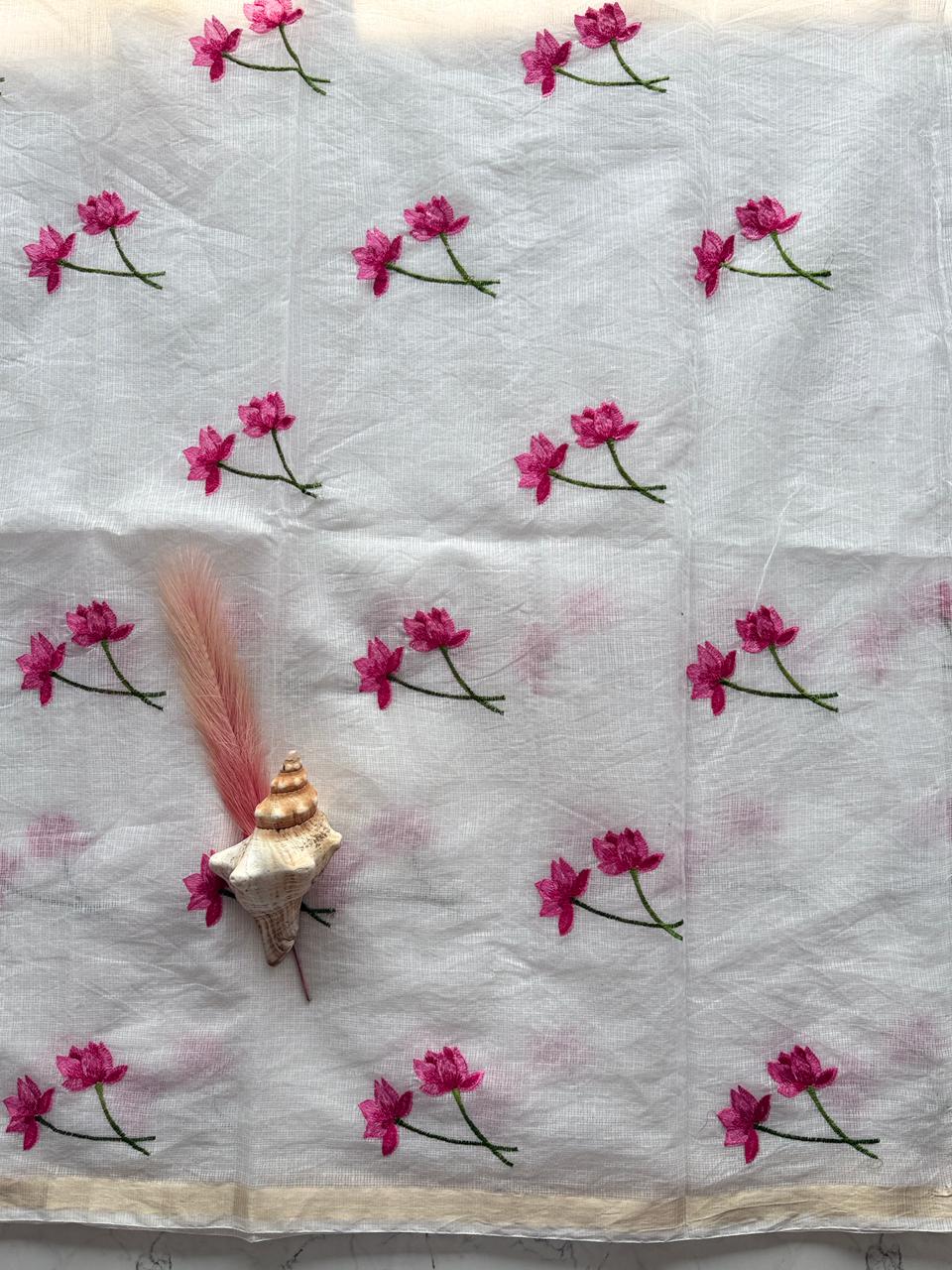 Premium Pure Kota Doriya Silk Saree with Multithread Lotus Work – Matching Running Blouse Included