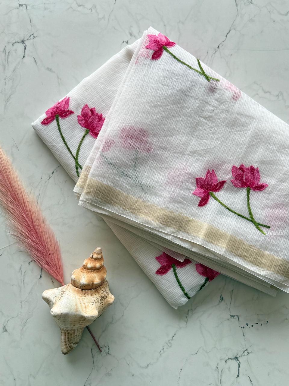 Premium Pure Kota Doriya Silk Saree with Multithread Lotus Work – Matching Running Blouse Included