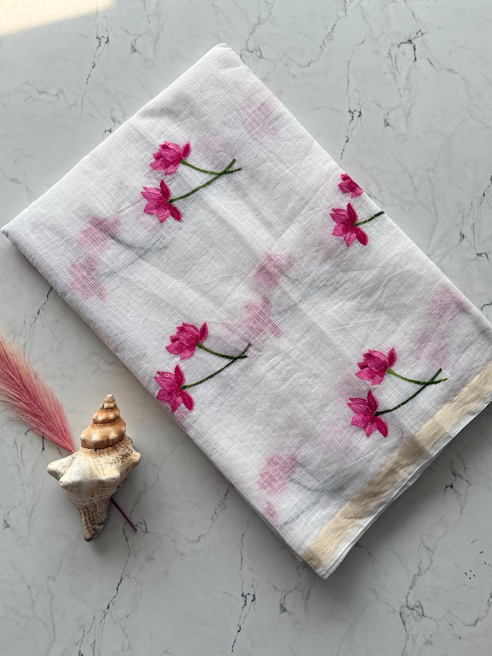 Premium Pure Kota Doriya Silk Saree with Multithread Lotus Work – Matching Running Blouse Included