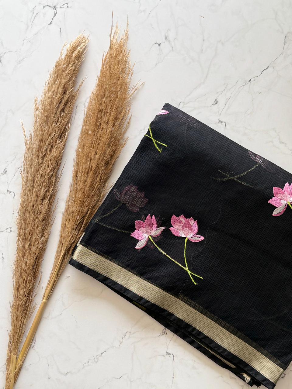 Premium Pure Kota Doriya Silk Saree with Multithread Lotus Work – Matching Running Blouse Included