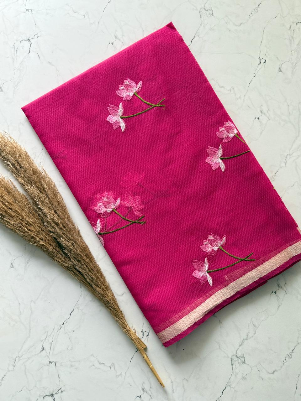Premium Pure Kota Doriya Silk Saree with Multithread Lotus Work – Matching Running Blouse Included