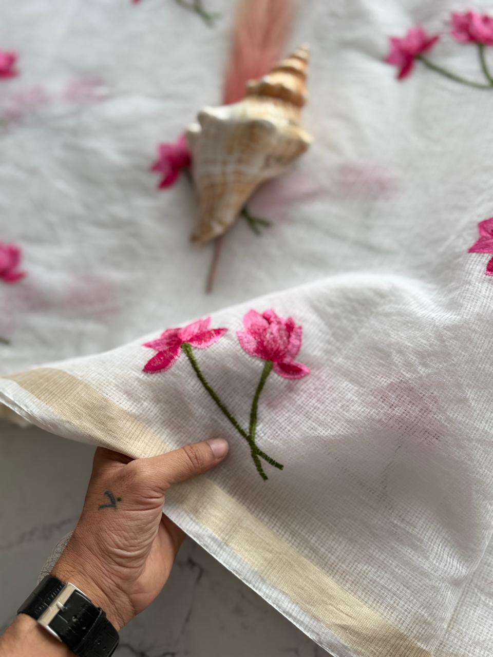 Premium Pure Kota Doriya Silk Saree with Multithread Lotus Work – Matching Running Blouse Included